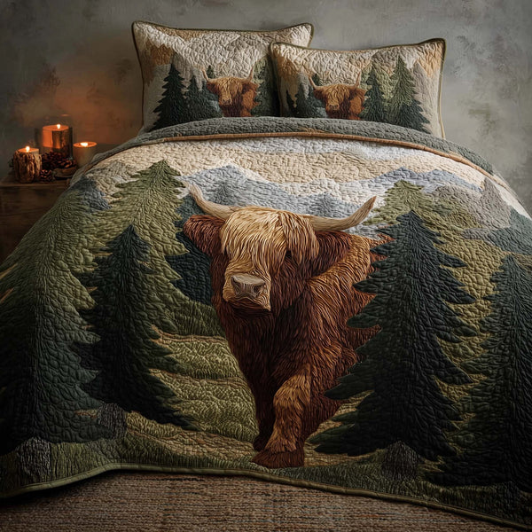 Highland Cow Dream quilted 3-piece bedding set on a made bed with two matching pillow shams