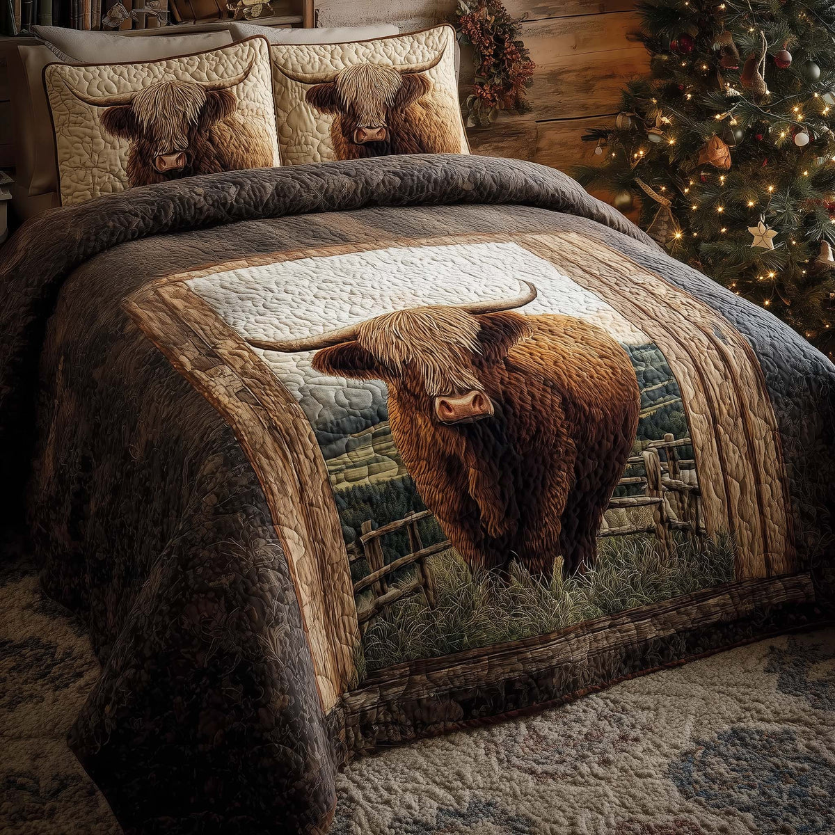 Highland Cow Dream quilted 3-piece bedding set on a made bed with two matching pillow shams