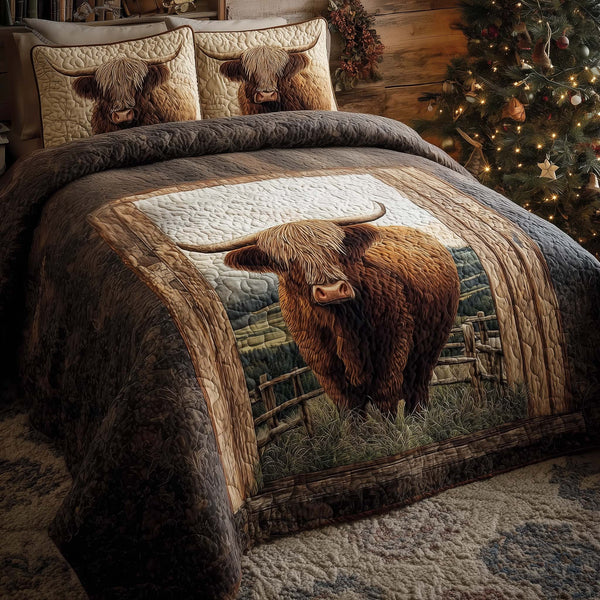 Highland Cow Dream quilted 3-piece bedding set on a made bed with two matching pillow shams