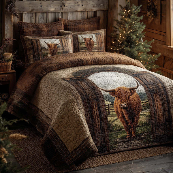 Highland Cow Dream quilted 3-piece bedding set on a made bed with two matching pillow shams