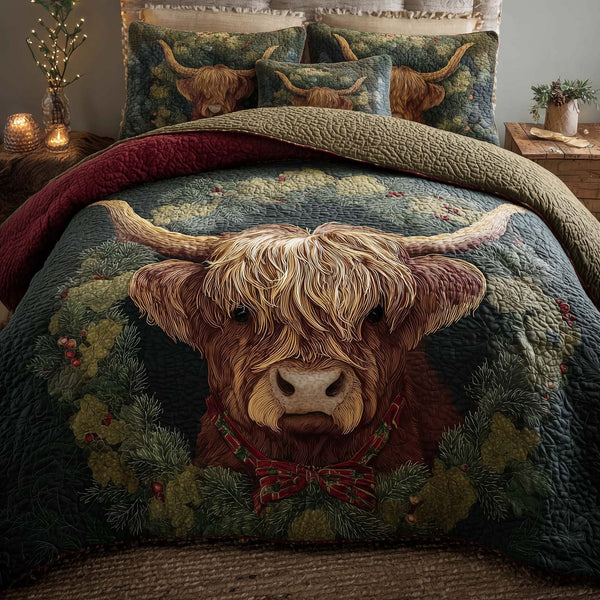 Highland Cow Dream quilted 3-piece bedding set on a made bed with two matching pillow shams