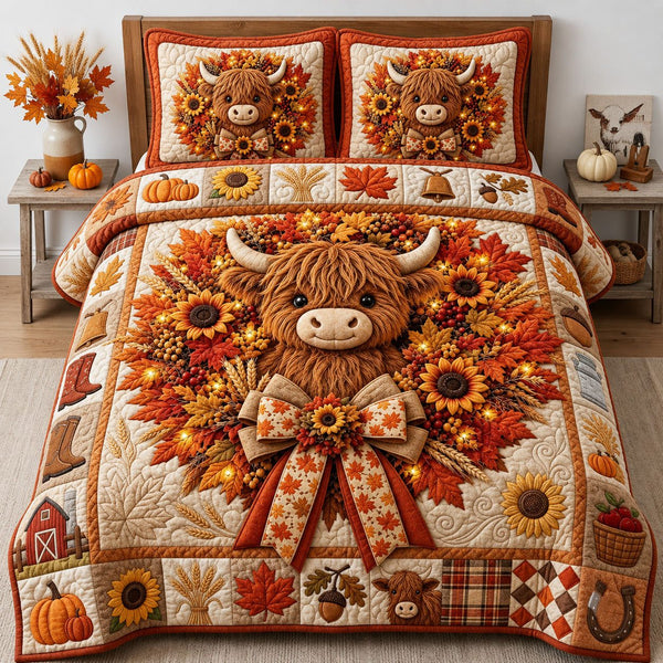 Highland Cow Fall Wreath quilted 3-piece bedding set on a made bed in a winter-styled bedroom