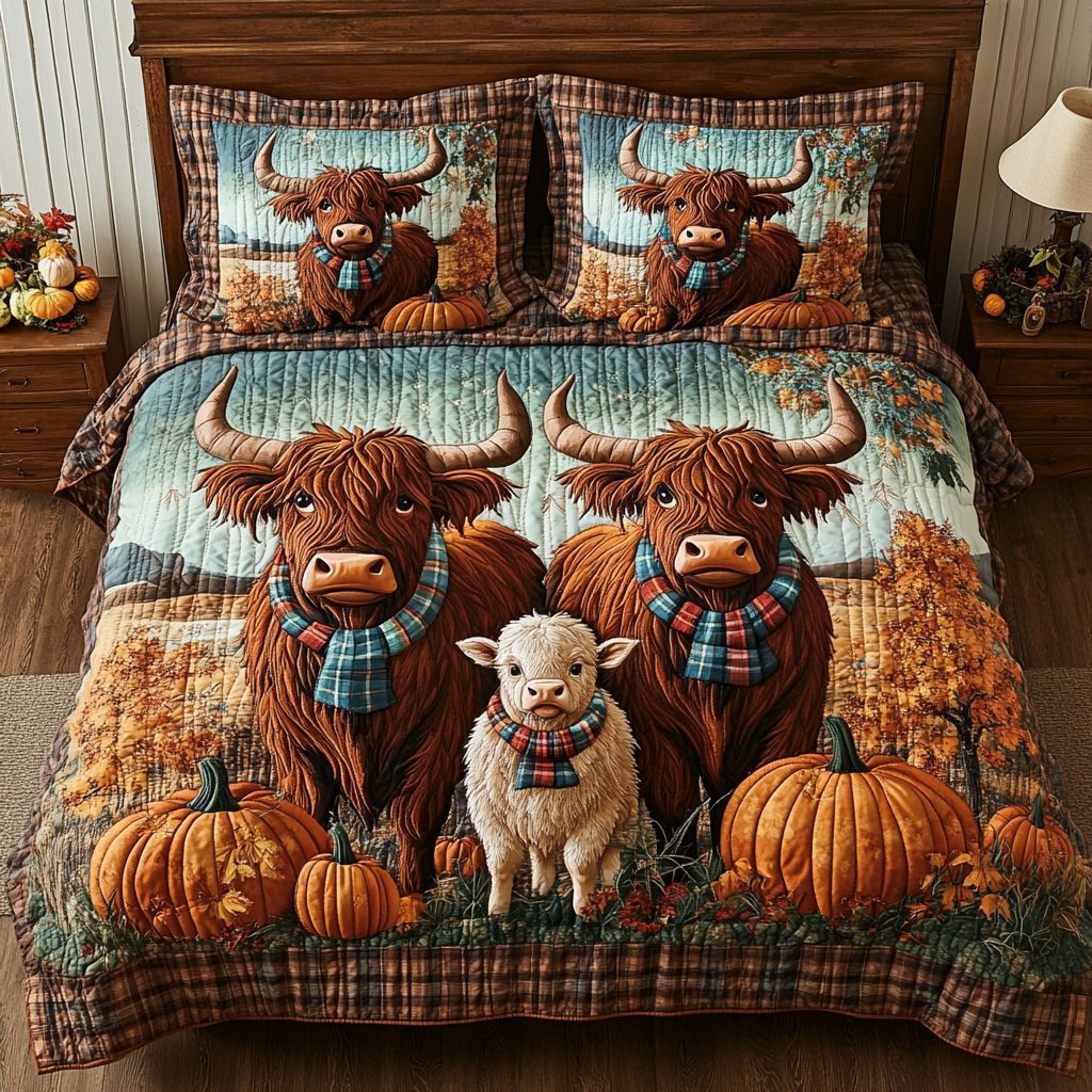 Highland Cow Harvest quilted 3-piece bedding set on a made bed with two matching pillow shams