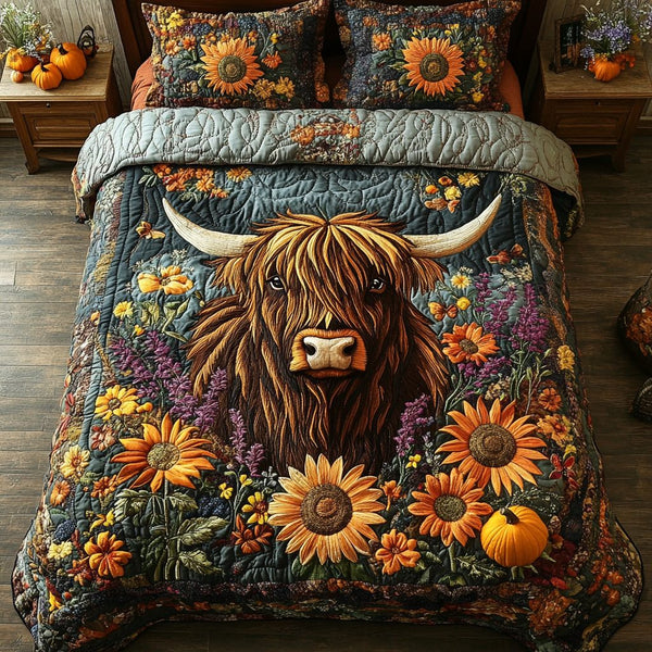 Highland Cow Horizon quilted 3-piece bedding set on a made bed with two matching pillow shams