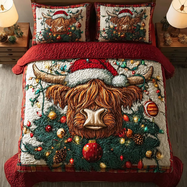 Highland Cow Joy quilted 3-piece bedding set on a made bed with two matching pillow shams