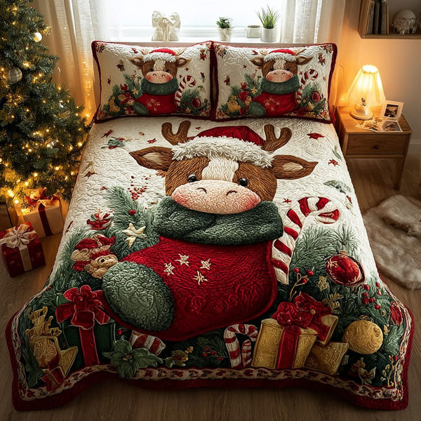 Highland Cow Magic quilted 3-piece bedding set on a made bed with two matching pillow shams