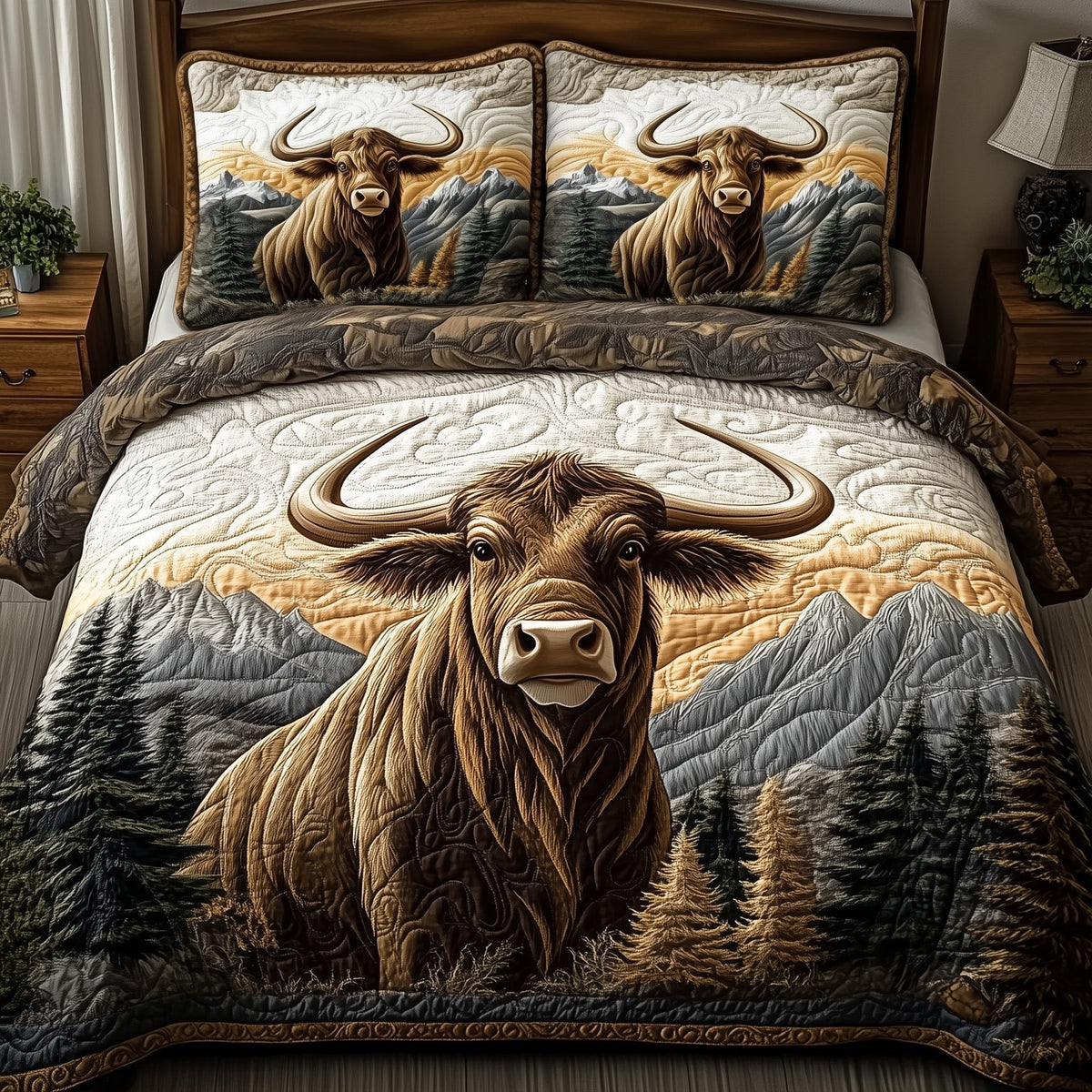 Highland Cow quilted 3-piece bedding set on a made bed with two matching pillow shams