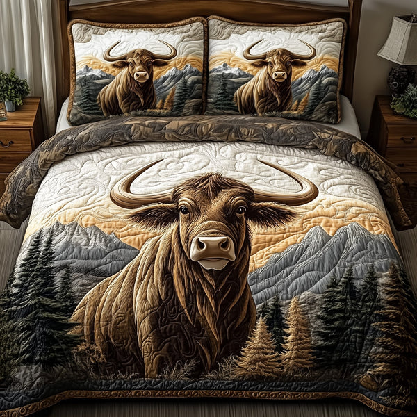 Highland Cow quilted 3-piece bedding set on a made bed with two matching pillow shams