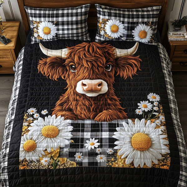 Highland Cow quilted 3-piece bedding set on a made bed with two matching pillow shams