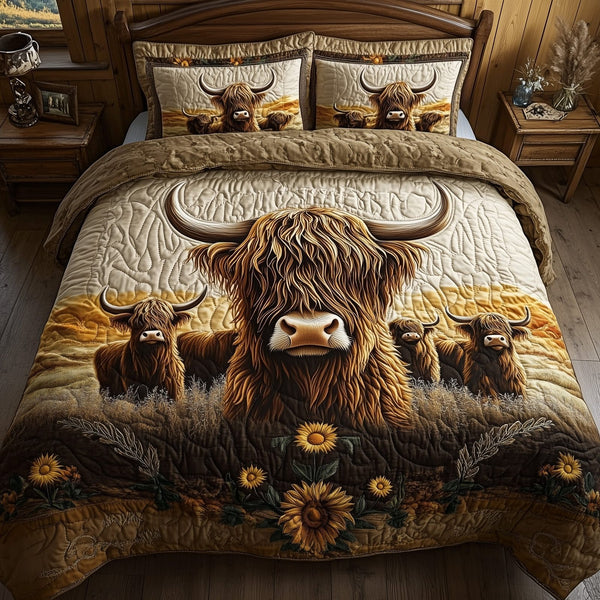 Highland Cow quilted 3-piece bedding set on a made bed with two matching pillow shams