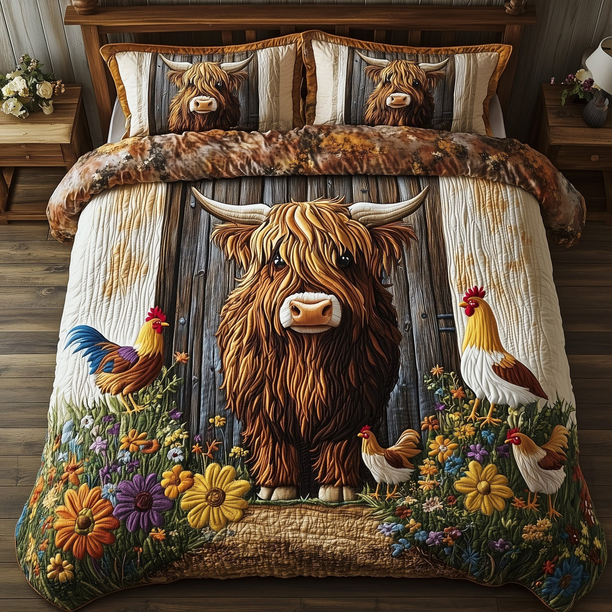 Highland Cow quilted 3-piece bedding set on a made bed with two matching pillow shams
