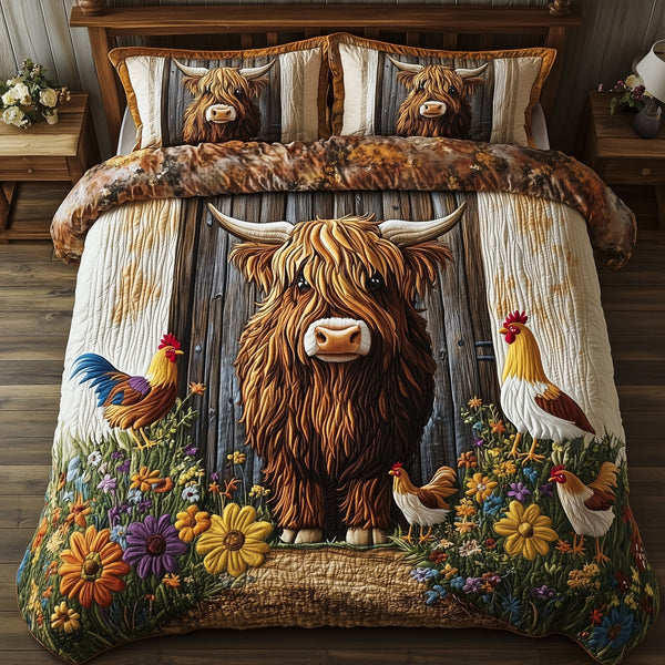 Highland Cow quilted 3-piece bedding set on a made bed with two matching pillow shams