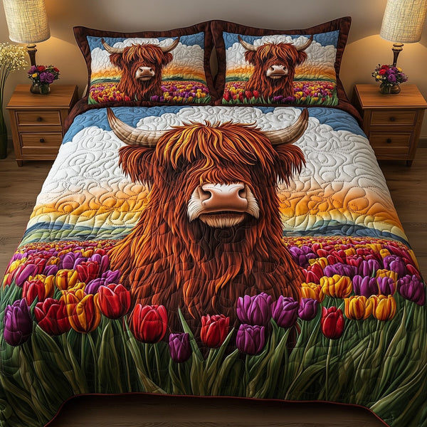 Highland Cow quilted 3-piece bedding set on a made bed with two matching pillow shams