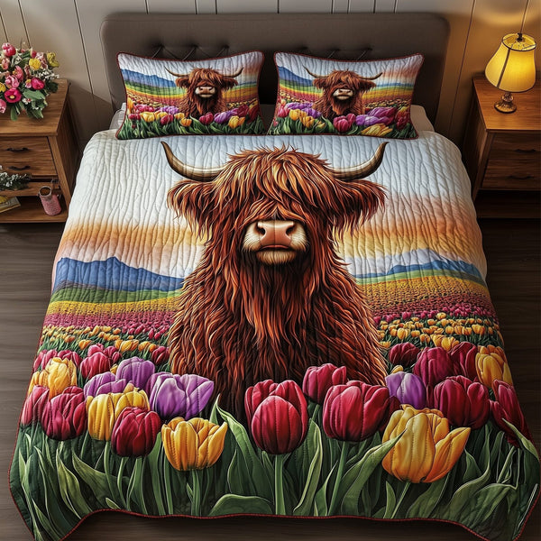 Highland Cow quilted 3-piece bedding set on a made bed with two matching pillow shams