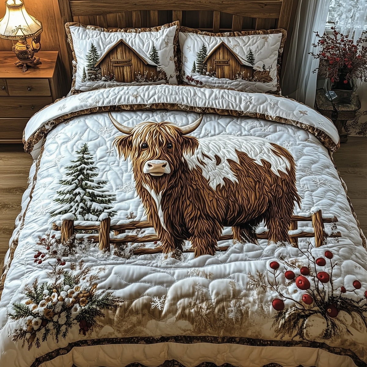 Highland Cow quilted 3-piece bedding set on a made bed with two matching pillow shams