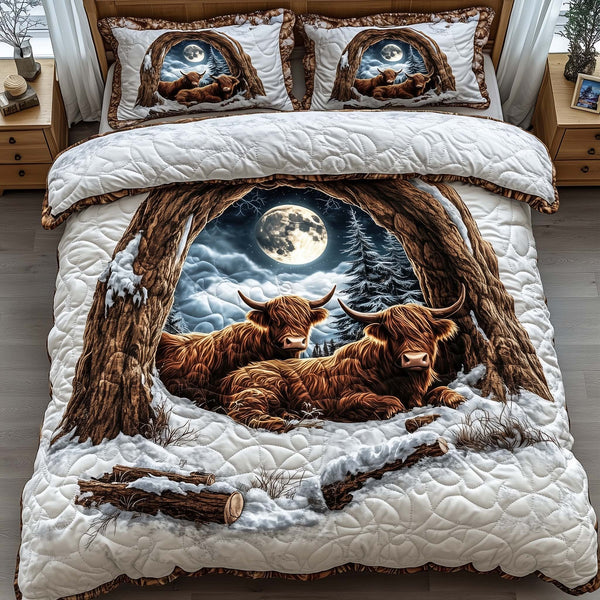 Highland Cow quilted 3-piece bedding set on a made bed with two matching pillow shams