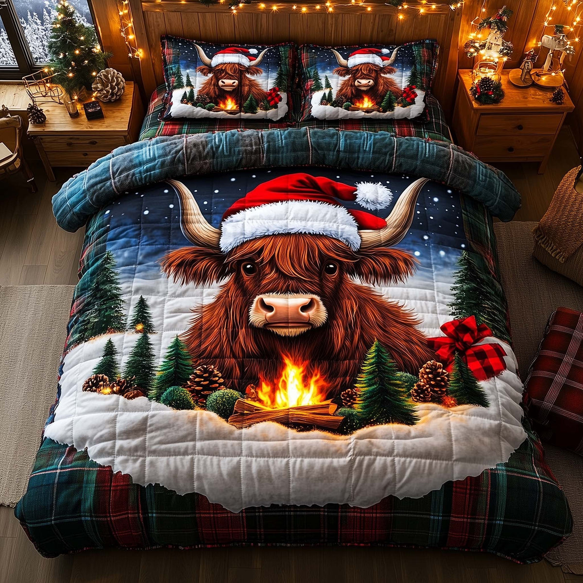 Highland Cow quilted 3-piece bedding set on a made bed with two matching pillow shams