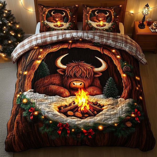 Highland Cow quilted 3-piece bedding set on a made bed with two matching pillow shams