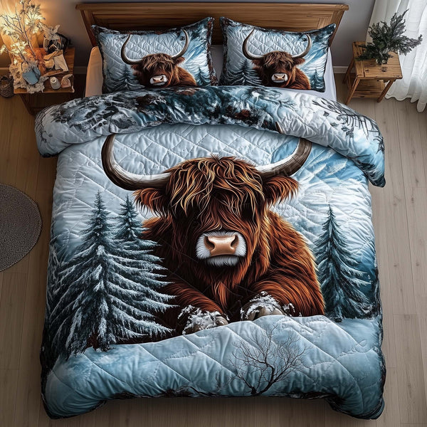 Highland Cow quilted 3-piece bedding set on a made bed with two matching pillow shams