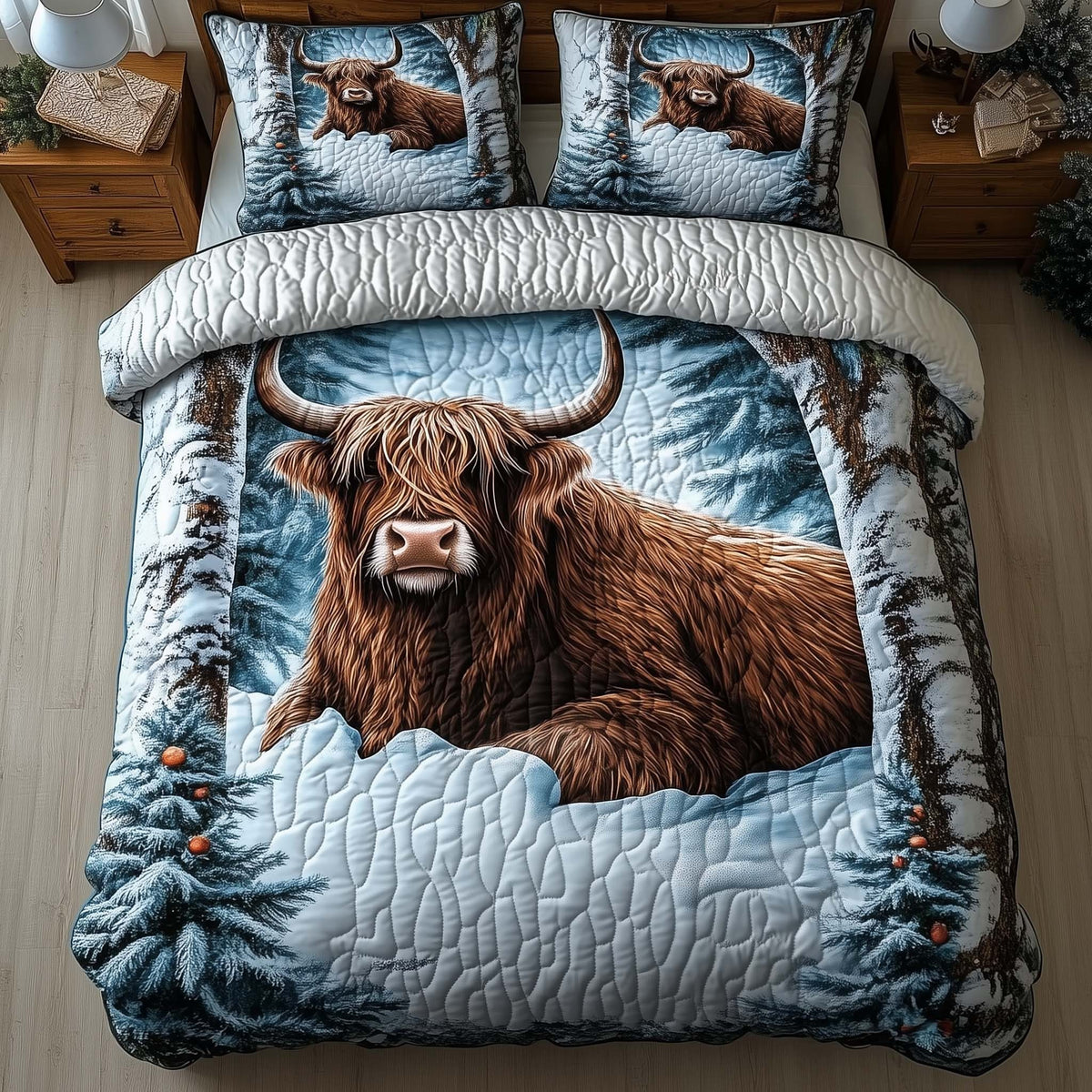 Highland Cow quilted 3-piece bedding set on a made bed with two matching pillow shams