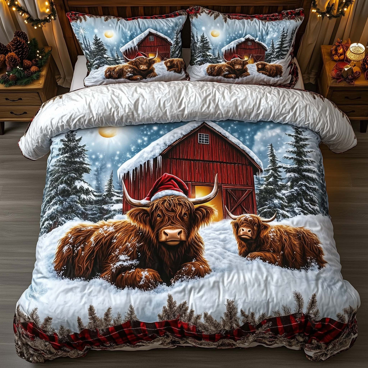 Highland Cow quilted 3-piece bedding set on a made bed with two matching pillow shams