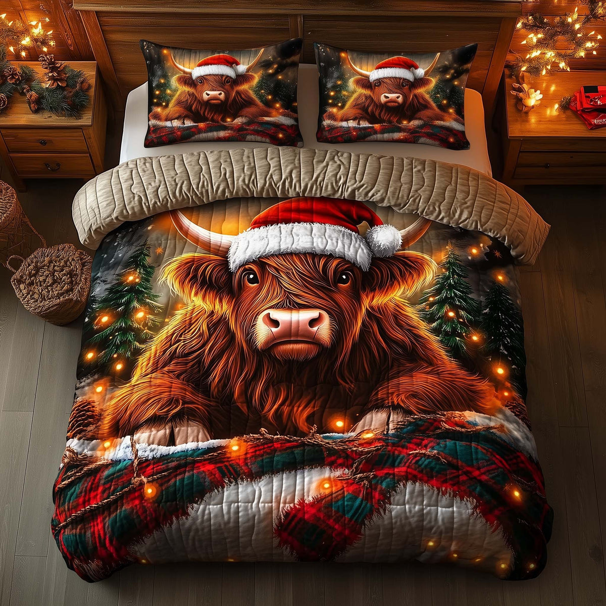 Highland Cow quilted 3-piece bedding set on a made bed with two matching pillow shams