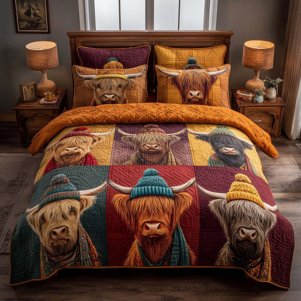 Highland Cow quilted 3-piece bedding set on a made bed with two matching pillow shams