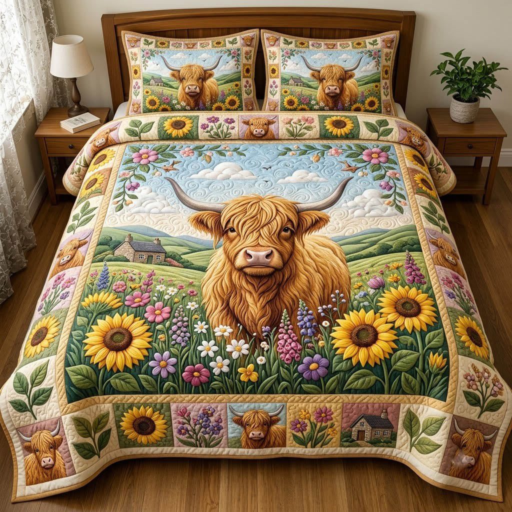 Highland Cow quilted 3-piece bedding set on a made bed with two matching pillow shams