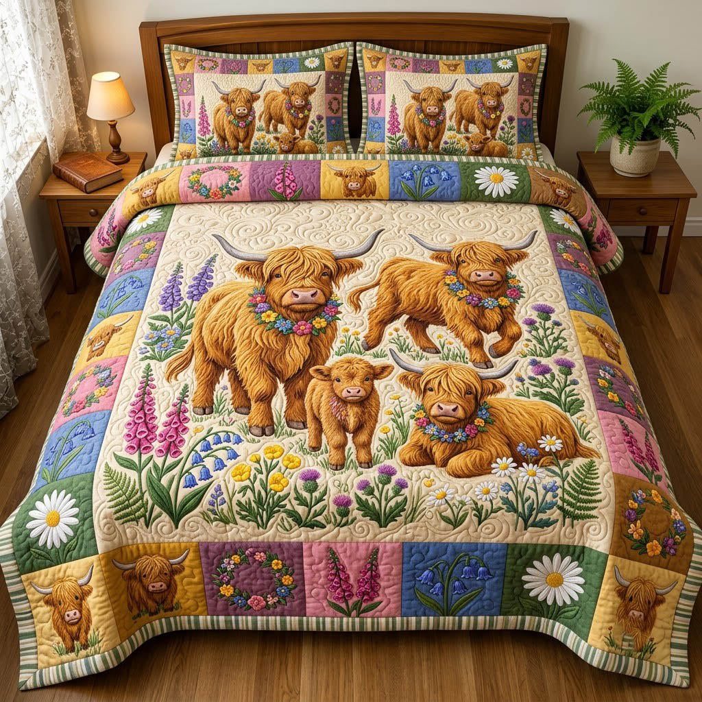 Highland Cow quilted 3-piece bedding set on a made bed with two matching pillow shams