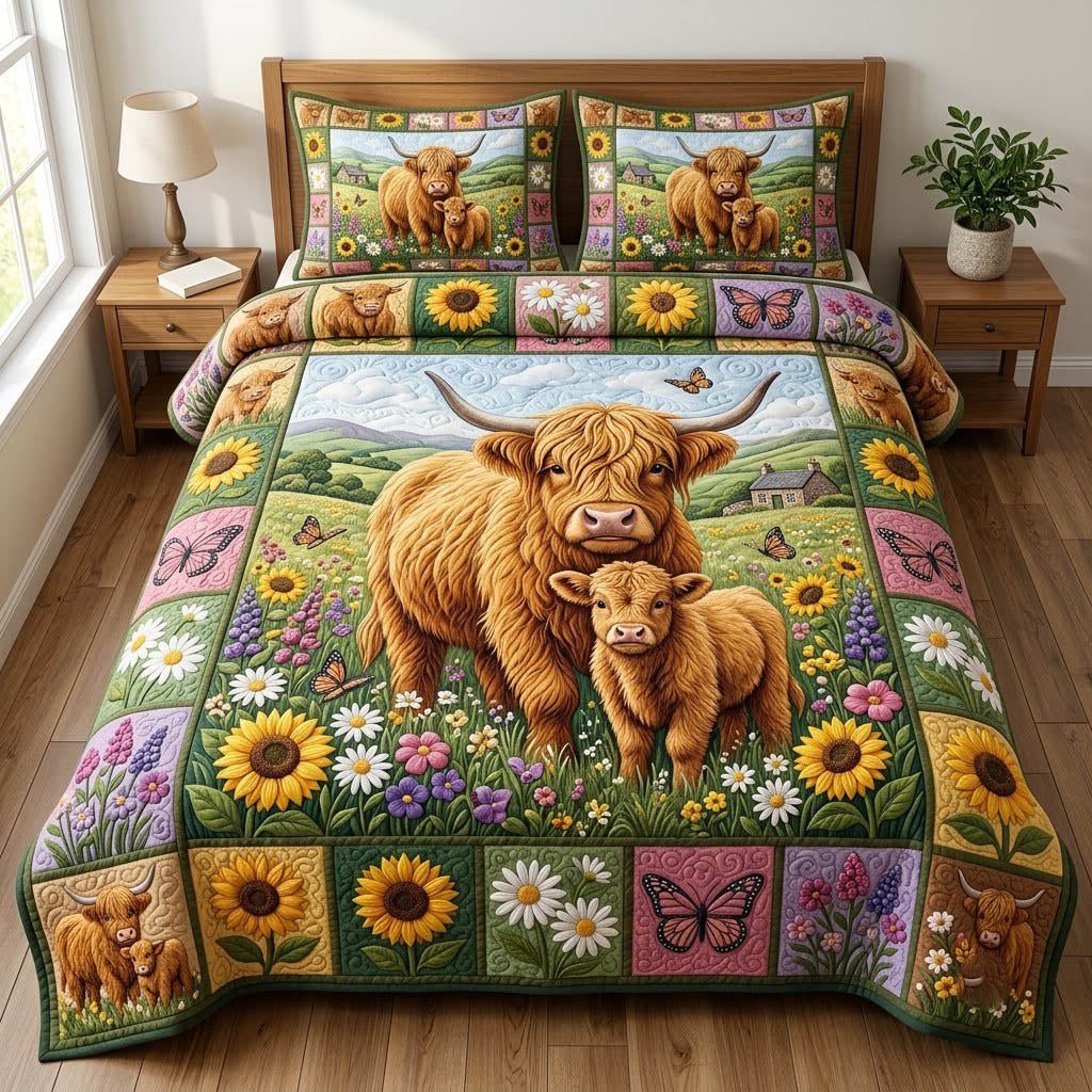 Highland Cow quilted 3-piece bedding set on a made bed with two matching pillow shams