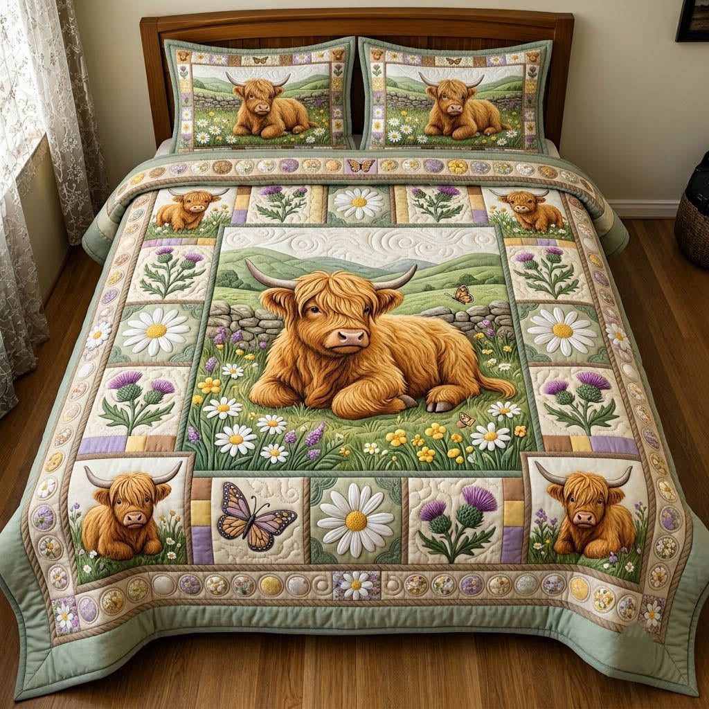 Highland Cow quilted 3-piece bedding set on a made bed with two matching pillow shams