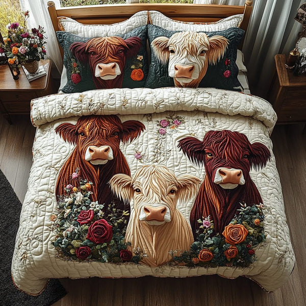 Highland Cow quilted 3-piece bedding set on a made bed with two matching pillow shams