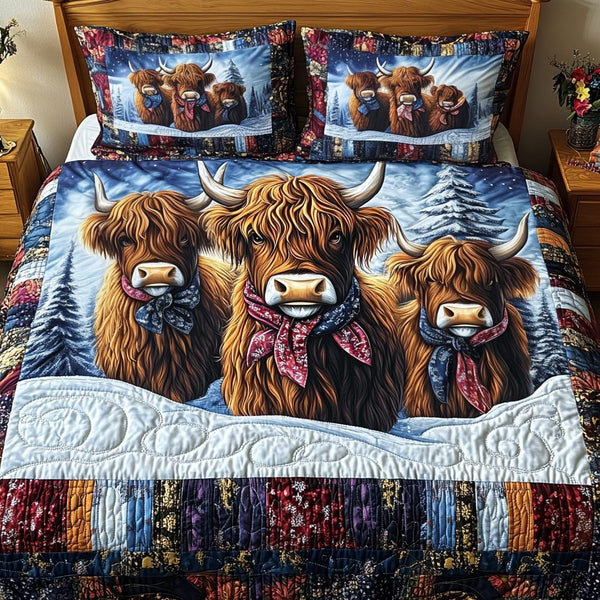 Highland Cow Serenity quilted 3-piece bedding set on a made bed with two matching pillow shams