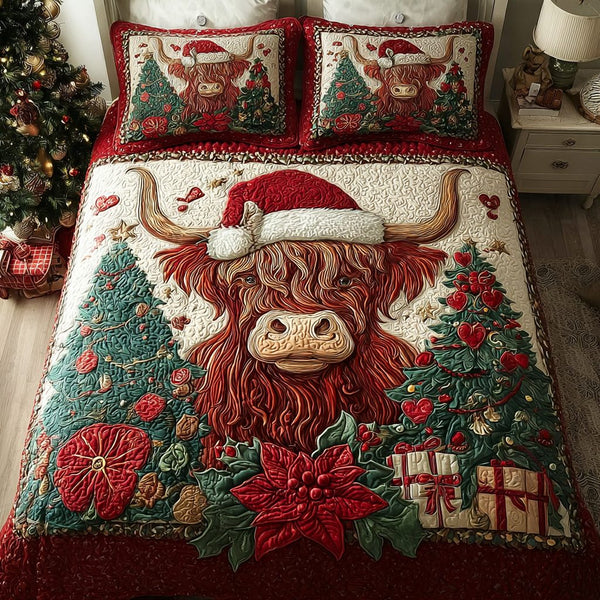 Highland Cow Spirit quilted 3-piece bedding set on a made bed with two matching pillow shams