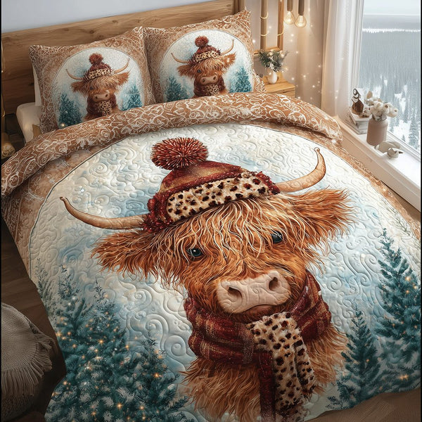 Highland Cow Winter Charm quilted 3-piece bedding set on a made bed in a winter-styled bedroom
