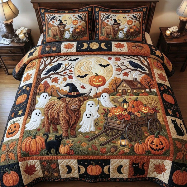 Highland Cow With Ghost quilted 3-piece bedding set on a made bed against a dark styled interior