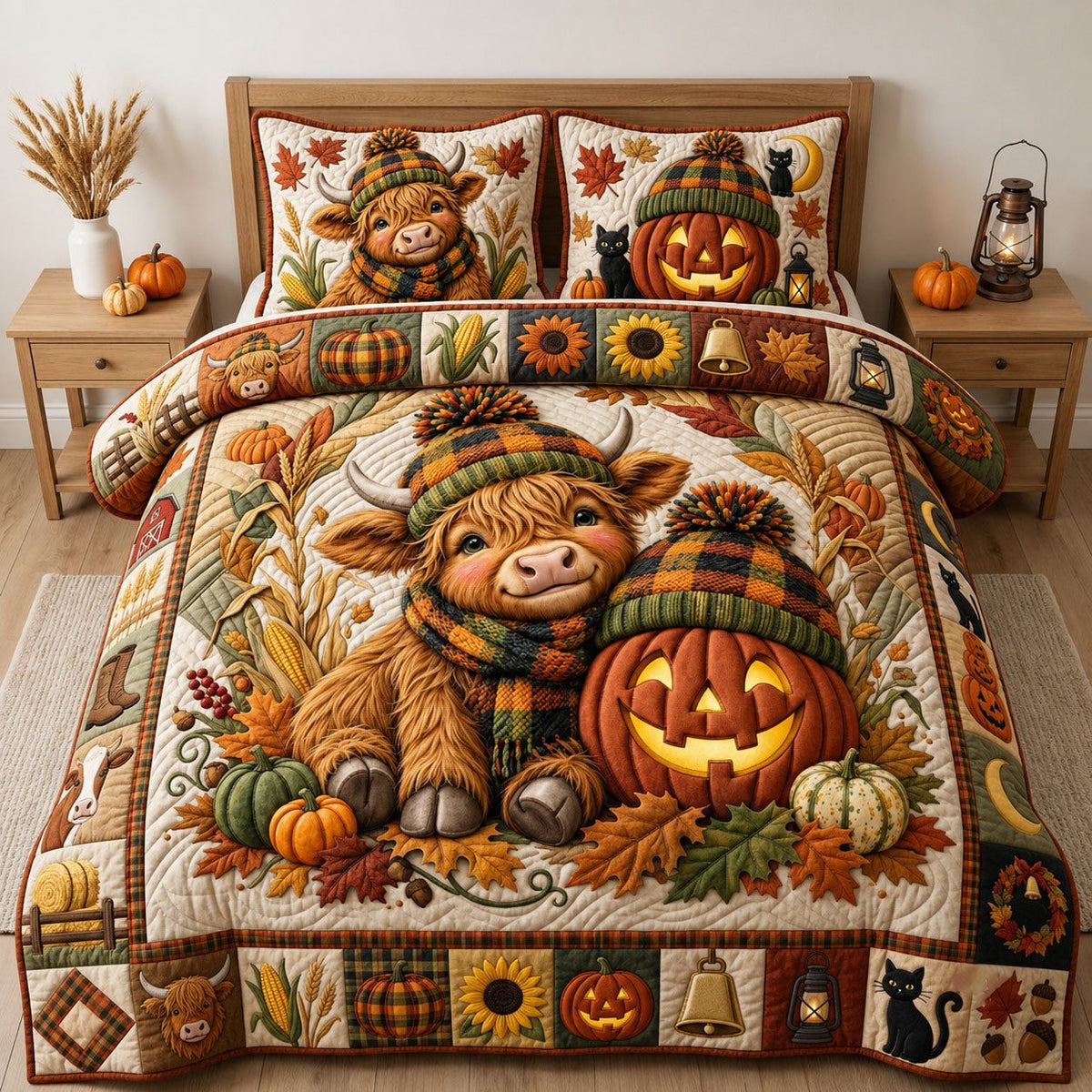 Highland Cow with Pumpkin quilted 3-piece bedding set on a made bed against a dark styled interior