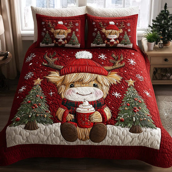 Highland Cow Wonder quilted 3-piece bedding set on a made bed with two matching pillow shams