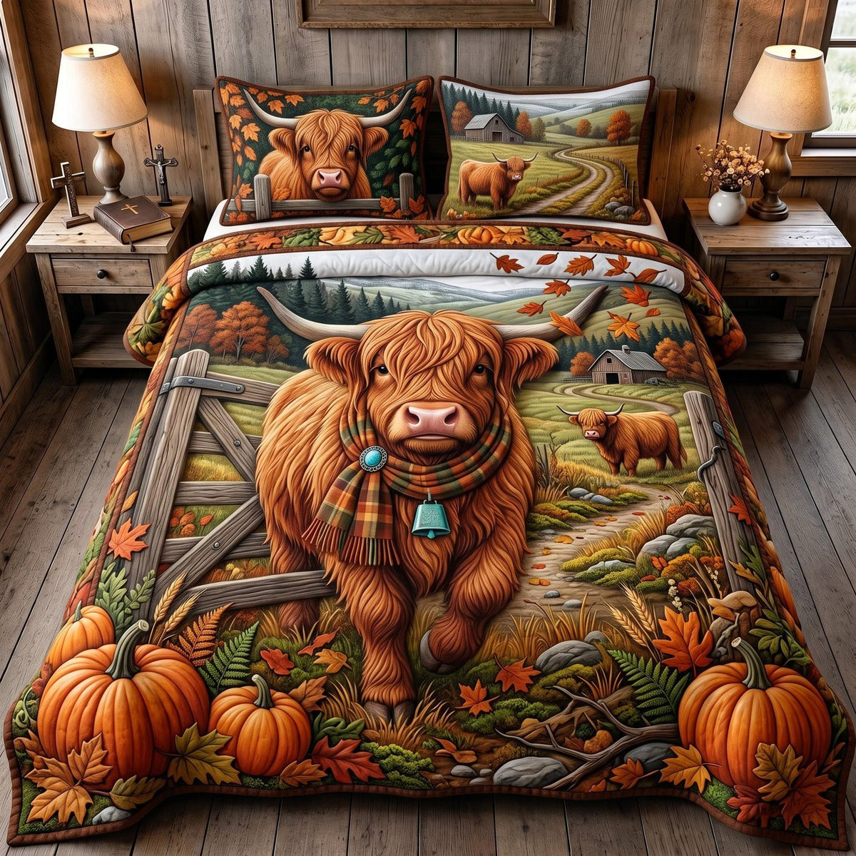 Highland Farm quilted 3-piece bedding set on a made bed with two matching pillow shams