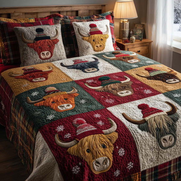 Highland Farmstead quilted 3-piece bedding set on a made bed with two matching pillow shams