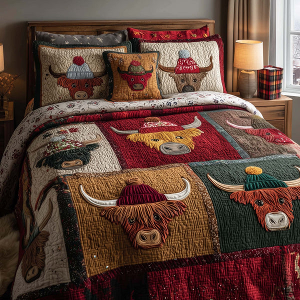 Highland Farmstead quilted 3-piece bedding set on a made bed with two matching pillow shams