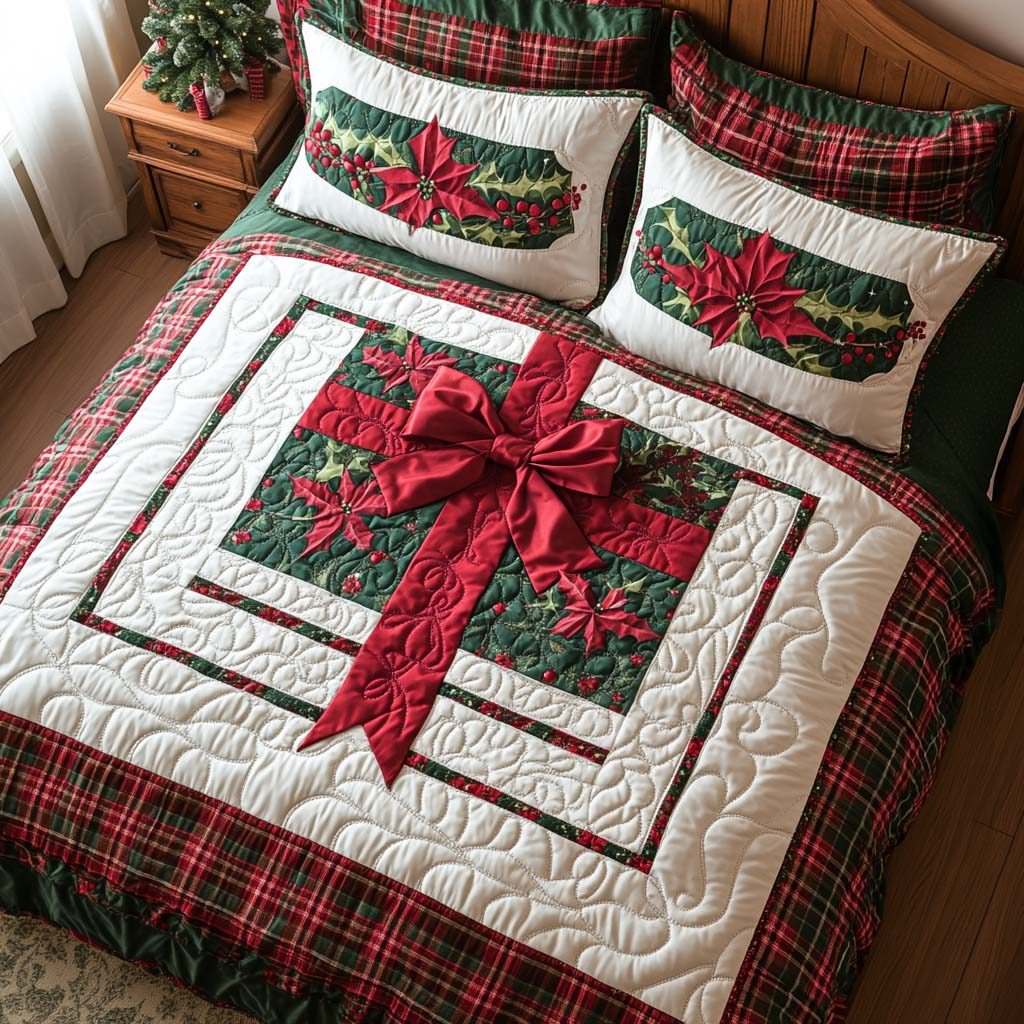 Highland Gift quilted 3-piece bedding set on a made bed with two matching pillow shams