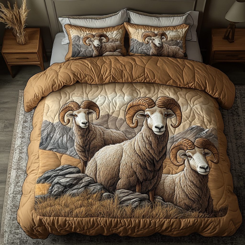 Highland Glory quilted 3-piece bedding set on a made bed with two matching pillow shams