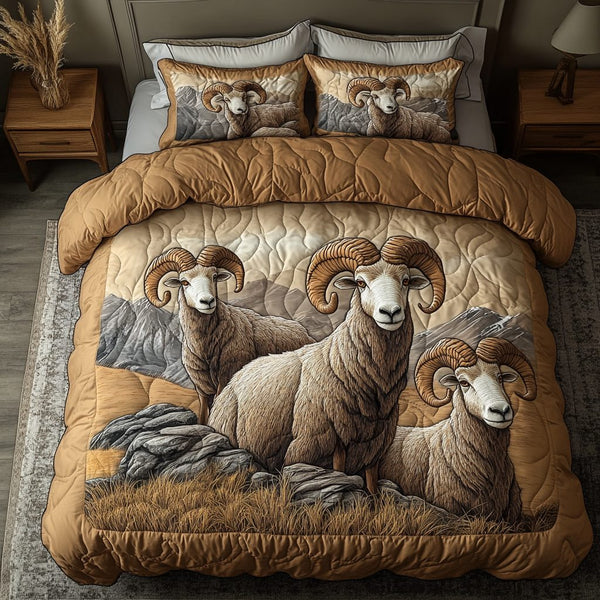 Highland Glory quilted 3-piece bedding set on a made bed with two matching pillow shams