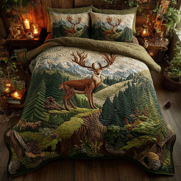 Highland Grace quilted 3-piece bedding set on a made bed with two matching pillow shams