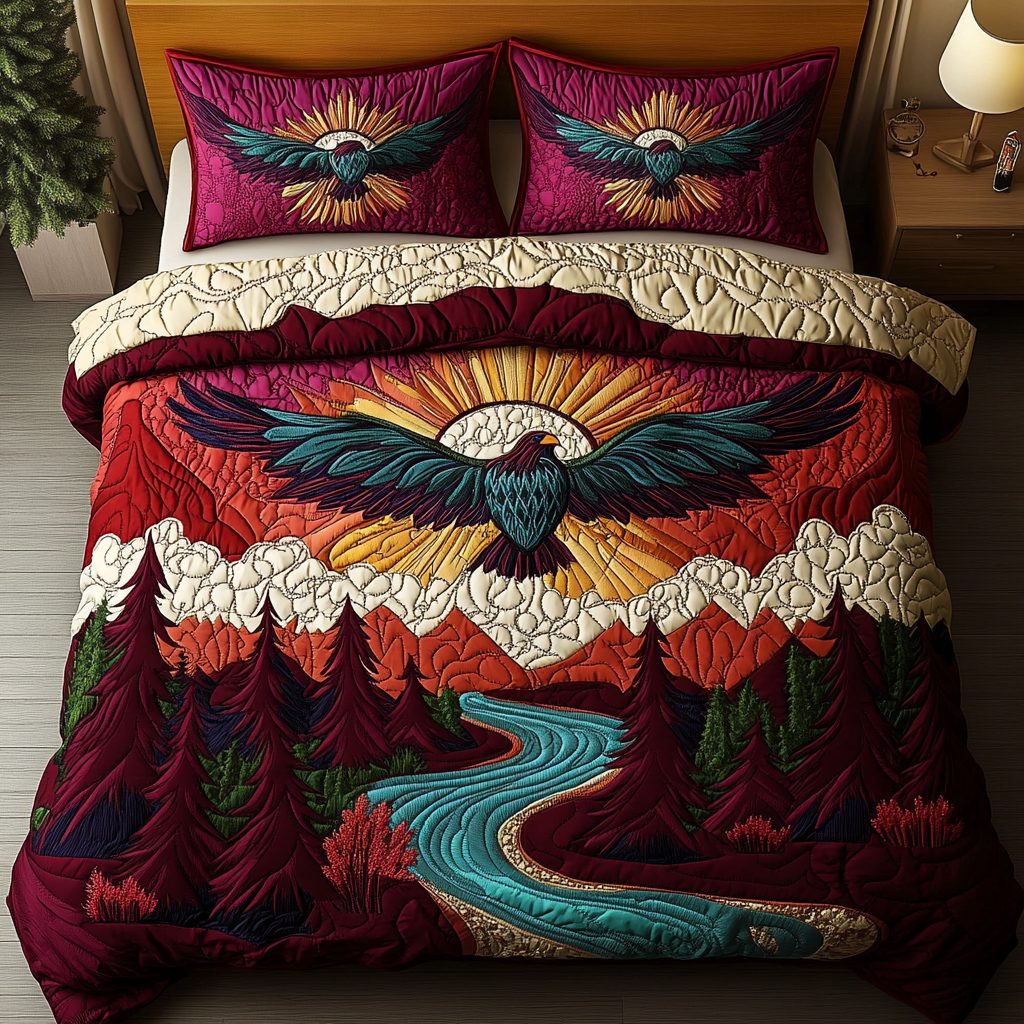 Highland Guardian quilted 3-piece bedding set on a made bed with two matching pillow shams
