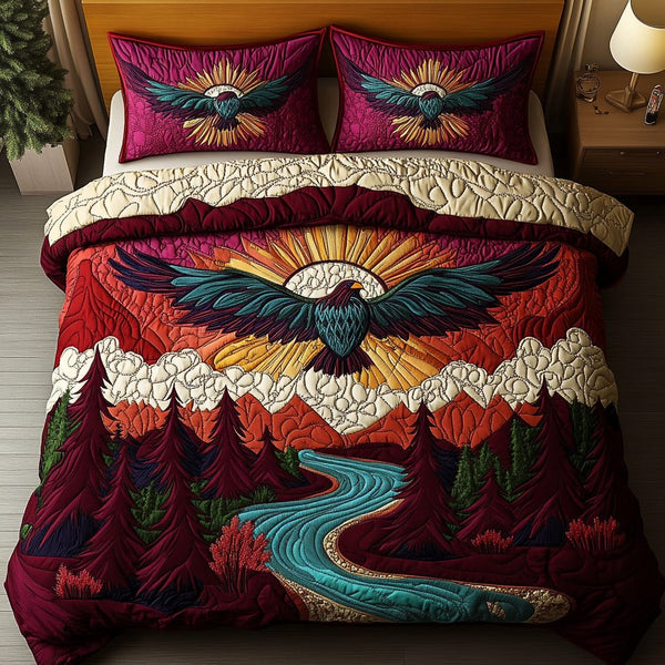 Highland Guardian quilted 3-piece bedding set on a made bed with two matching pillow shams