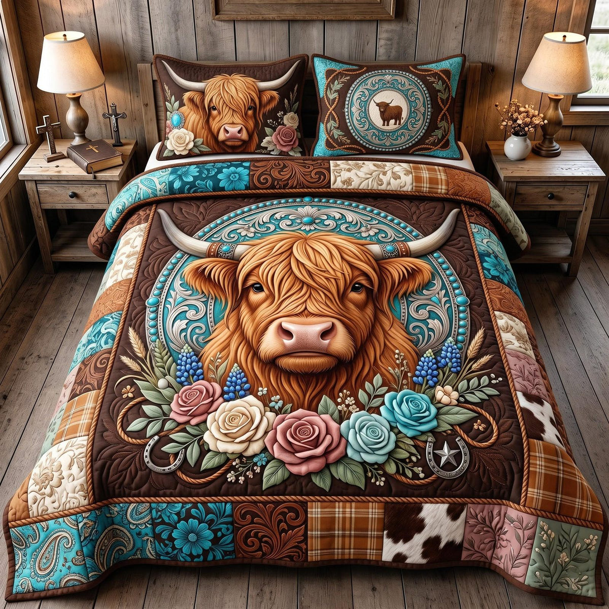 Highland Harvest quilted 3-piece bedding set on a made bed with two matching pillow shams