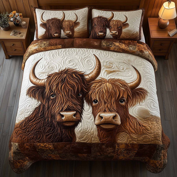Highland Hearts quilted 3-piece bedding set on a made bed with two matching pillow shams