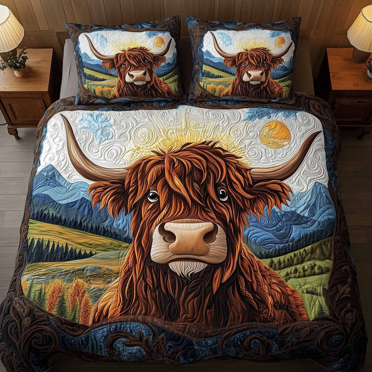 Highland Hearts quilted 3-piece bedding set on a made bed with two matching pillow shams